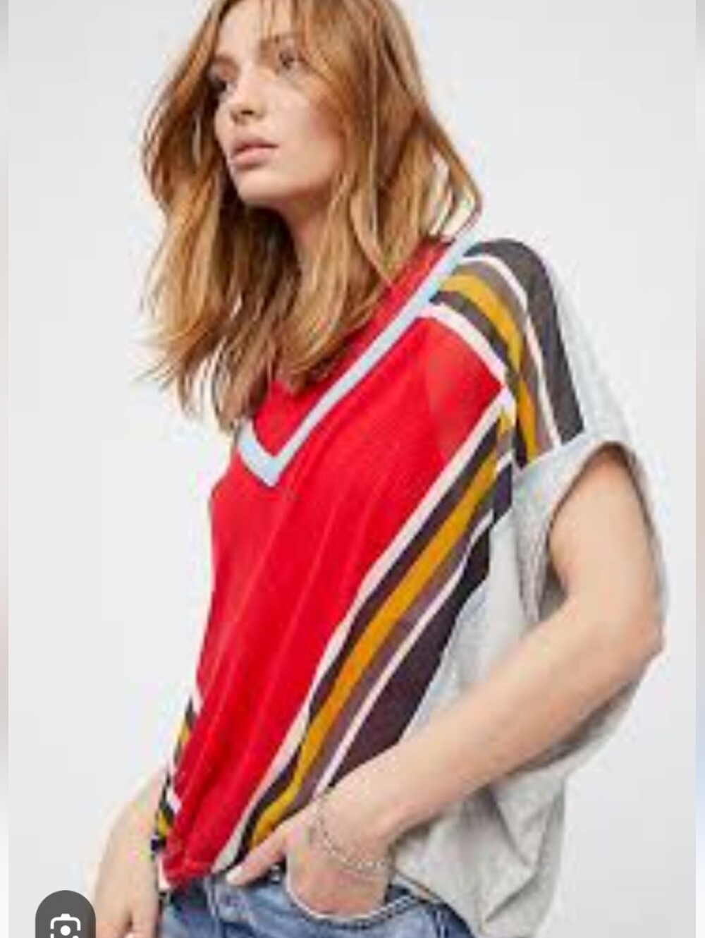 Relaxed V-Neck Red Striped Women’s Top
